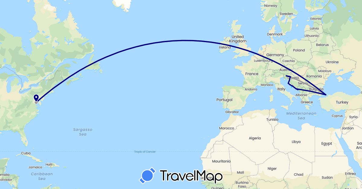 TravelMap itinerary: driving, plane, boat in Bosnia and Herzegovina, Croatia, Montenegro, Slovenia, Turkey, United States (Asia, Europe, North America)